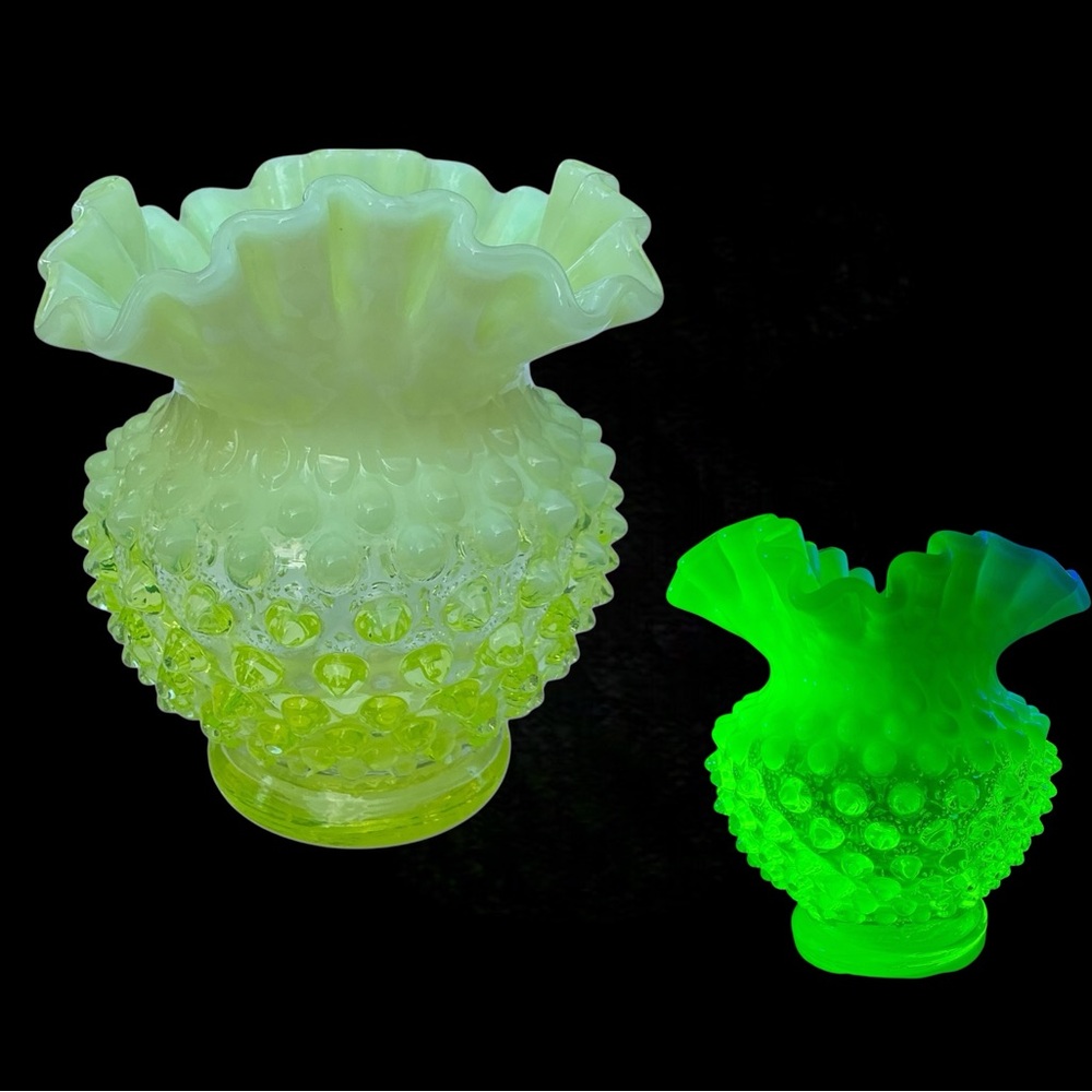 Vintage Fenton Topaz Opalescent Square Vase Vaseline Glass Rose Bowl Hobnail